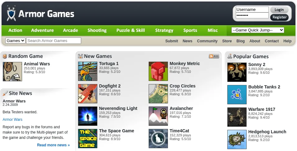 The Armor Games home page in March 2009: a dark blue header with a shield logo, a green bar of categories from Action to Misc, a Site News box asking for beta testers for Armor Wars, a New Games list including Tortuga 1, Dogfight 2 and The Space Game, and a Popular Games column led by Sonny 2 with 3,893,009 plays, then Bubble Tanks 2, Warfare 1917 and Hedgehog Launch.