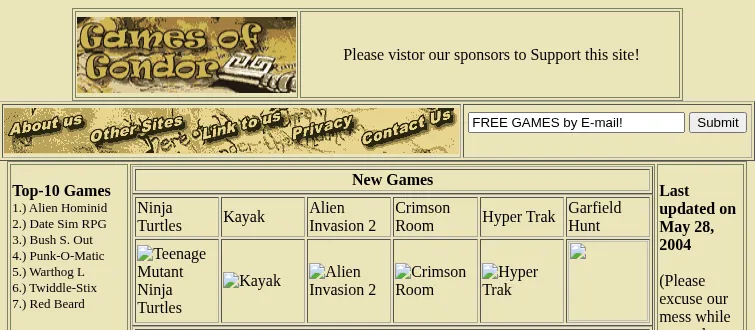 The Games of Gondor home page in June 2004, on a beige background: a gold Games of Gondor logo, a line asking visitors to support the site's sponsors, wooden buttons for About us, Other Sites, Link to us, Privacy and Contact Us, a Top-10 Games list headed by Alien Hominid, a row of new games including Ninja Turtles, Kayak and Crimson Room, and a note that the page was last updated on 28 May 2004.