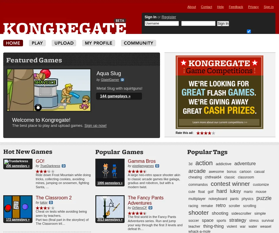 Kongregate in December 2006, with a red header, a big white Kongregate logo marked Beta, and tabs for Home, Play, Upload, My Profile and Community. A Featured Games panel shows Aqua Slug, and an advert reads Kongregate Game Competitions: we're looking for great Flash games, we're giving away great cash prizes. Below are Hot New Games, Popular Games including Gamma Bros and The Fancy Pants Adventures, and a cloud of popular tags.