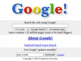 Google at Stanford in November 1998: the colourful Google! logo with an exclamation mark, a search box with a 10 results menu and Google Search and I'm feeling lucky buttons, the line 'Index contains ~25 million pages (soon to be much bigger)', links to Stanford Search and Linux Search, a box to get Google! updates monthly by email, and 'Copyright 1997-8 Stanford University'.