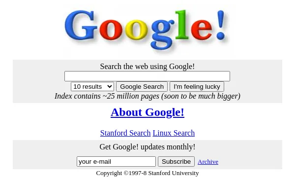 Google at Stanford in November 1998: the colourful Google! logo with an exclamation mark, a search box with a 10 results menu and Google Search and I'm feeling lucky buttons, the line 'Index contains ~25 million pages (soon to be much bigger)', links to Stanford Search and Linux Search, a box to get Google! updates monthly by email, and 'Copyright 1997-8 Stanford University'.