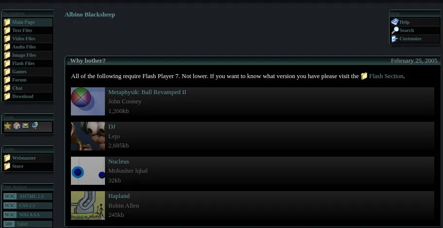 The Albino Blacksheep home page in March 2005, on a dark background. A column of yellow folder icons on the left leads to Text, Video, Audio, Image and Flash Files, Games, a Forum and Chat. The main post, dated February 25, 2005 and titled 'Why bother?', says all of the following require Flash Player 7, not lower, above four new Flash files, each with a small thumbnail, its maker's name and its size, from 32kb to 2,685kb.