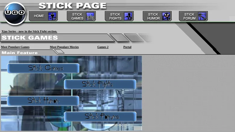 The top of the Stick Page home page in June 2005: a chrome STICK PAGE banner with a round UGO badge, grey buttons for Home, Stick Games, Stick Fights, Stick Humor and Stick Forum, each with a little stick figure, the line 'Xiao Series - now in the Stick Fight section', and a Main Feature panel offering Stick Games, Stick Fights, Stick Humor and Stick Forums.