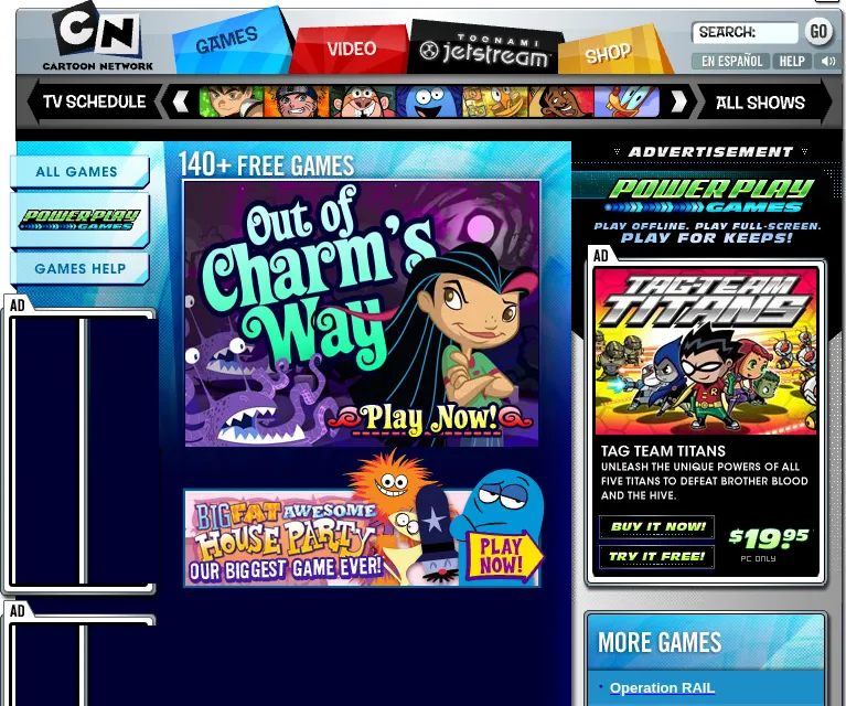 The Cartoon Network games page in October 2006, under the black and white CN logo and tabs for Games, Video, Toonami Jetstream and Shop. A heading reads 140+ Free Games above a purple banner for Out of Charm's Way with a Play Now button, and below it a banner for Big Fat Awesome House Party, our biggest game ever, with Bloo from Foster's Home for Imaginary Friends. On the right, an advert for Power Play Games says play offline, play full-screen, play for keeps, and offers Tag Team Titans for $19.95, PC only.