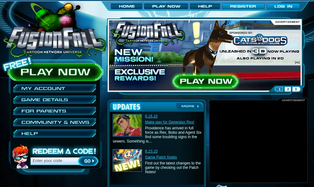 The FusionFall website in August 2010, dark blue and neon green. The FusionFall Cartoon Network Universe logo sits above a big green button reading Free! Play Now, with menu buttons for My Account, Game Details, For Parents, Community and News, and Help, and a Redeem a Code box with Dexter beside it. A banner advertises a new mission sponsored by the film Cats and Dogs: The Revenge of Kitty Galore. Under Updates, a post dated 6.16.10 says Make way for Generator Rex!