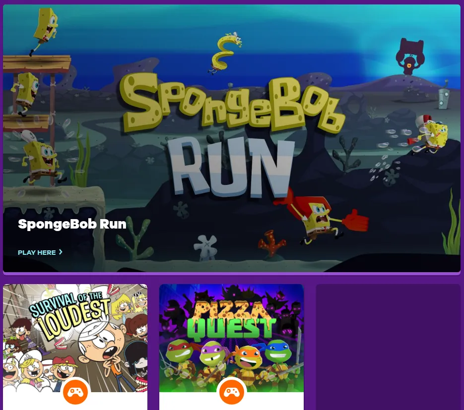 The Nick.com games page in October 2022, on a purple background. A large banner shows SpongeBob running through a dark undersea level with the title SpongeBob Run and a Play Here link. Below are tiles for The Loud House: Survival of the Loudest and Teenage Mutant Ninja Turtles: Pizza Quest.