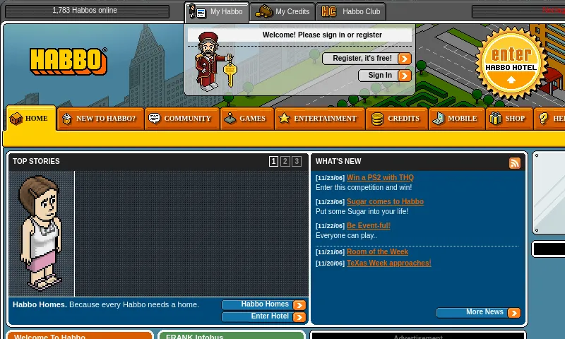 The Habbo UK home page in November 2006: a yellow Habbo logo, a pixel bellboy holding a key beside the sign-in box, a round Enter Habbo Hotel badge, a row of orange tabs for Community, Games, Credits and Shop, and a news panel promising a PlayStation 2 competition.