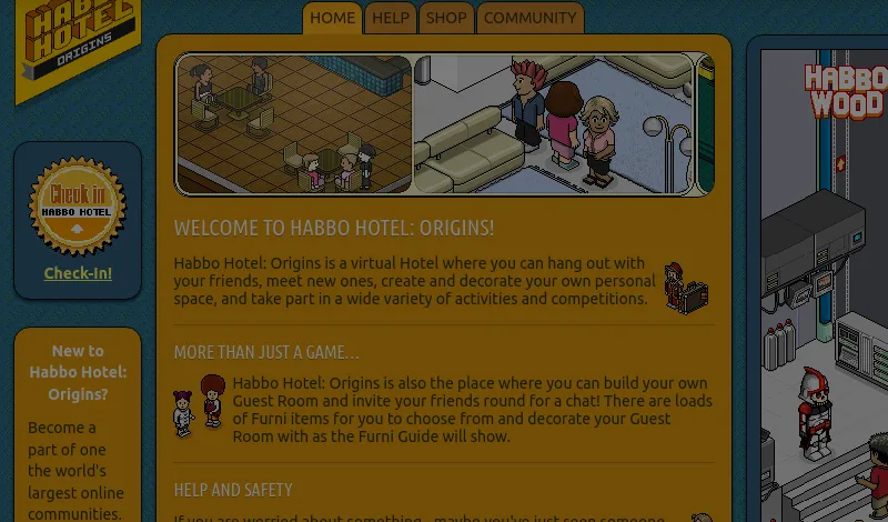 The Habbo Hotel Origins home page in October 2026, in the brown and blue style of the mid-2000s site: a Check-in badge, pixel Habbos chatting on a sofa and around a café table, and a welcome to the virtual hotel.