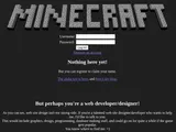 The minecraft.net front page in May 2009: a grey cobblestone Minecraft logo on a dark background, a login box, the words 'Nothing here yet!', a link to the alpha test and the blog, and an appeal for a web designer because 'web site design isn't my strong side'.