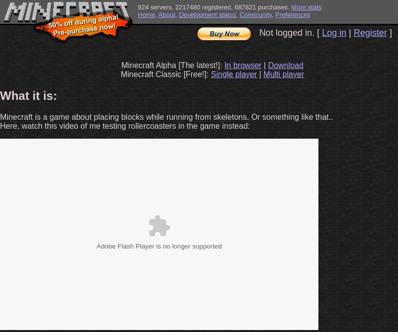 The minecraft.net front page in December 2010: a running count of 2,217,480 registered players and 687,821 purchases, a '50% off during alpha!' sticker, links to Minecraft Alpha and the free Minecraft Classic, and a grey box where an embedded video says 'Adobe Flash Player is no longer supported'.