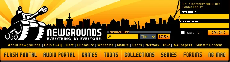 The Newgrounds header in May 2006: a black cartoon tank with a figure riding on top, the word Newgrounds and the slogan Everything, by Everyone, against an orange sunburst and a black city skyline, with a username and password box on the right and a row of orange buttons for the Flash Portal, Audio Portal, Games, Toons, Collections, Series, Forums and NG Mag.