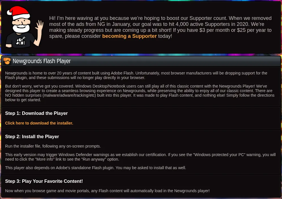 The Newgrounds Flash Player page on New Year's Day 2021. A cartoon of Tom Fulp in a Santa hat waves beside a note asking for Supporters at $3 per month or $25 per year, above three steps to download, install and use a Windows player for the site's classic Flash games and cartoons.