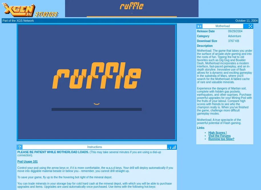 XGen Studios' Motherload page in October 2004, in pale blue. A side panel gives the release date as 09/29/2004 and the download size as 3767 KB, and describes digging for minerals on Mars. Under the game window, the instructions begin: Please be patient while Motherload loads, this may take several minutes if you are using a dial-up connection. The game window itself shows the orange Ruffle logo and a loading bar.