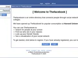 The thefacebook.com home page in February 2004: a plain blue header bar, an email and password box on the left, and a white panel reading Welcome to Thefacebook, with four bullet points and Register and Login buttons. The footer reads a Mark Zuckerberg production.