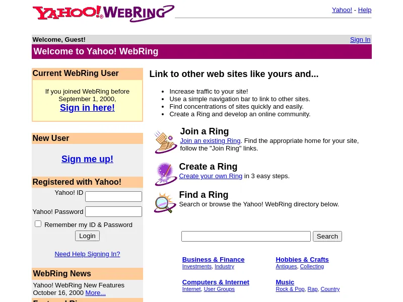 The Yahoo! WebRing home page in November 2000, purple and white, with a box telling anyone who joined before 1 September 2000 to sign in, and a Yahoo! ID login form beneath it.