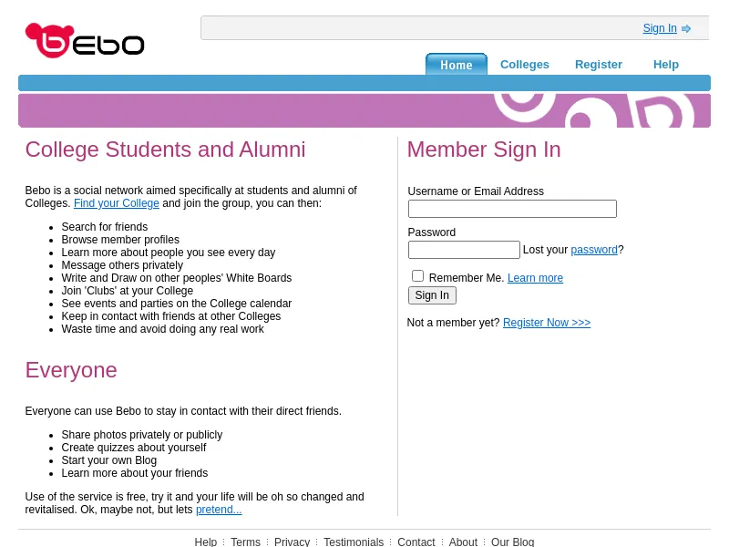 The Bebo home page in August 2005: a pink and black Bebo logo, a heading reading College Students and Alumni, a list of things you could do including writing and drawing on other people's White Boards and wasting time to avoid doing any real work, and a member sign-in box.