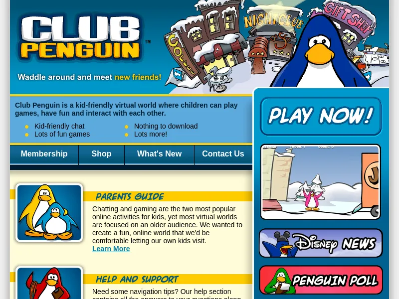 The Club Penguin homepage in August 2007: a big blue penguin in front of the snowy Town with its Night Club and Gift Shop, a Play Now button, a small game window showing a pink penguin in the snow, and a new Disney News button with a penguin in Mickey Mouse ears.