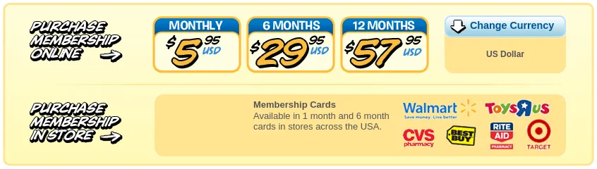 Club Penguin's membership prices in 2009, in big cartoon lettering: $5.95 a month, $29.95 for six months and $57.95 for twelve months, with membership cards on sale at Walmart, Toys R Us, CVS, Best Buy, Rite Aid and Target.