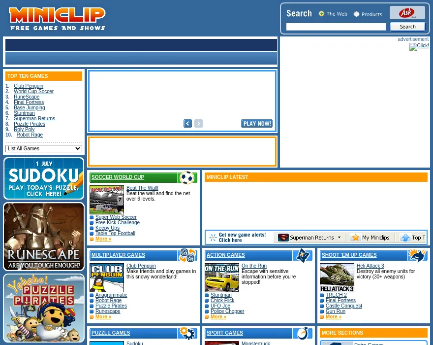 Miniclip's home page in July 2006: a blue page with a Top Ten Games list headed by Club Penguin, then World Cup Soccer, RuneScape and Final Fortress, panels for multiplayer, action, shoot 'em up, puzzle and sport games, and side banners for Sudoku, RuneScape and Puzzle Pirates.