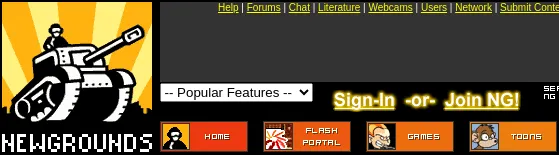 The top of Newgrounds in June 2003: the black and yellow tank logo, links to forums, chat and webcams, a Sign-In or Join NG prompt, and orange buttons for Home, Flash Portal, Games and Toons.