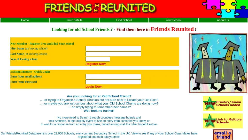 The Friends Reunited home page in August 2000: a red banner with yellow capital letters and coloured jigsaw pieces, a yellow form asking for your first name and last name on leaving school and the year you left, a cartoon of two graduates in caps and gowns, and a line saying the database lists over 22,000 schools, every current secondary school in the UK.