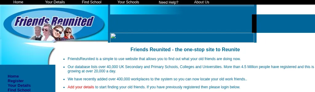 The Friends Reunited home page in June 2002, in blue: the logo in a white oval above photos of four smiling people, a grey placeholder where an advert failed to load, and text saying the site lists over 40,000 schools, colleges and universities, that more than 4.5 million people have registered, and that 400,000 workplaces have just been added.