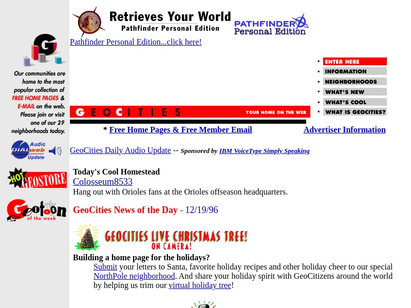 The GeoCities front page in December 1996: a grey sidebar boasting of free home pages in 29 neighbourhoods, a red GeoCities banner, a Today's Cool Homestead pick and a live webcam Christmas tree.
