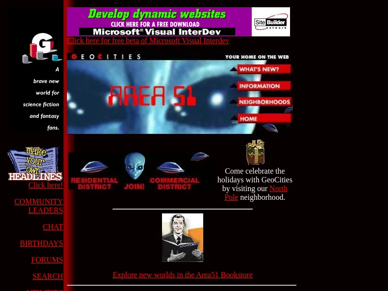The Area51 neighbourhood page from December 1996: a black page with a glowing Area 51 banner, flying saucers marking the Residential and Commercial districts, a grey alien inviting you to join, and a banner advert for Microsoft Visual InterDev.