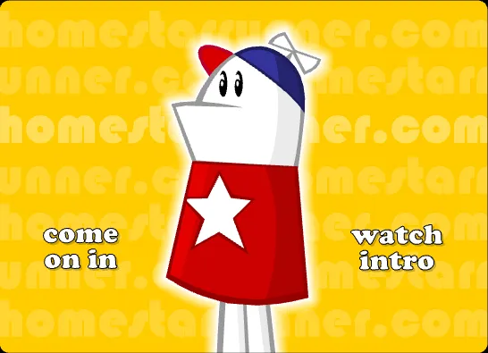 The homestarrunner.com front page in April 2004: Homestar Runner, a white armless figure in a red shirt with a white star and a blue and red cap with a propeller, stands on a yellow background tiled with the words homestarrunner.com, between two buttons reading come on in and watch intro.