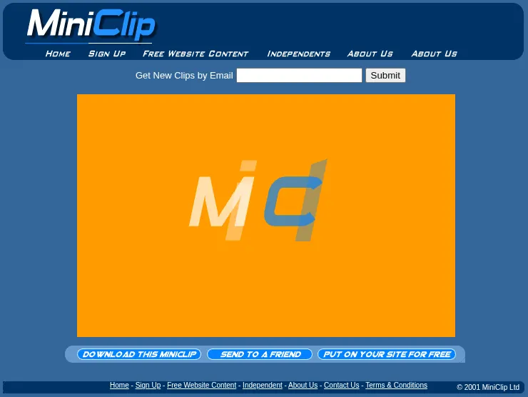 The Dancing Bush page on MiniClip.com in July 2001: a dark blue header with the MiniClip logo in white and blue italic letters, a box to get new clips by email, a large orange panel where the Flash clip loads with a big M and C, and three buttons underneath reading Download this miniclip, Send to a friend and Put on your site for free. The footer says 2001 MiniClip Ltd.