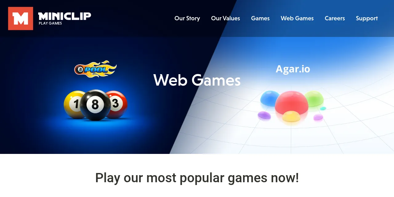 Miniclip's Web Games page in October 2022: a new square red M logo, a menu of Our Story, Our Values, Games, Web Games, Careers and Support, and a split banner with the 8 Ball Pool logo and three pool balls on one side and coloured Agar.io cells on the other. Underneath it says Play our most popular games now!