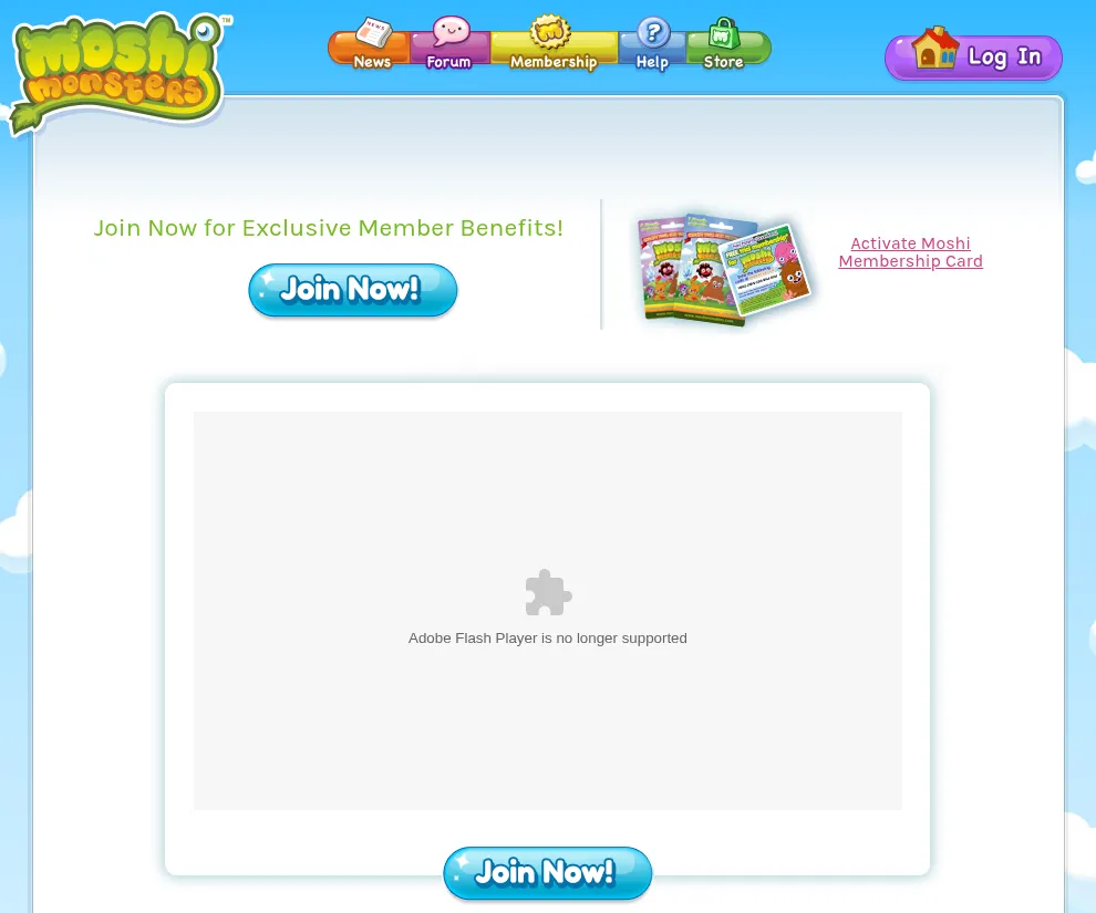 The Moshi Monsters membership page from October 2013: the leafy green and yellow Moshi Monsters logo, candy-coloured News, Forum, Membership, Help and Store buttons, a purple Log In button, two blue Join Now! buttons and a picture of membership cards. In the middle, where the Flash animation used to play, there's only a grey box with a puzzle piece and the words Adobe Flash Player is no longer supported.