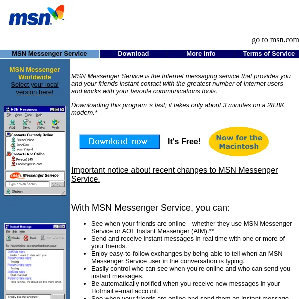 The MSN Messenger Service download page from 1999: a blue Download now button, a yellow Now for the Macintosh badge, a promise that the download takes about 3 minutes on a 28.8K modem, and a small grey contact list window down the left.