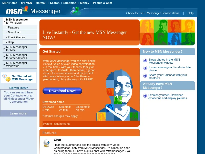 The orange MSN Messenger home page from 2005, with a Download Now button, a pop-art portrait made of coloured squares, and a table of download times: 5 minutes on broadband, 24 on a 56k modem and 48 on a 28.8k modem.