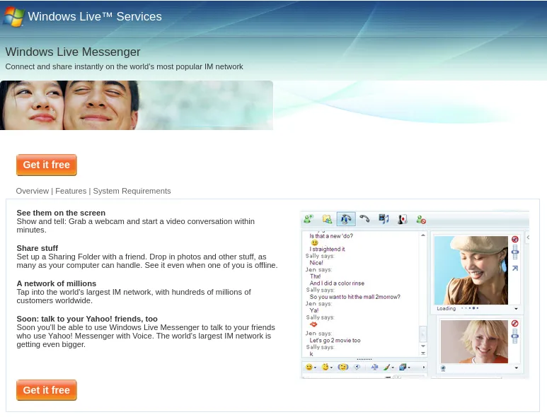 The 2006 Windows Live Messenger page in pale blue, with an orange Get it free button, a webcam chat between two people, and a note that users will soon be able to talk to their Yahoo! friends too.