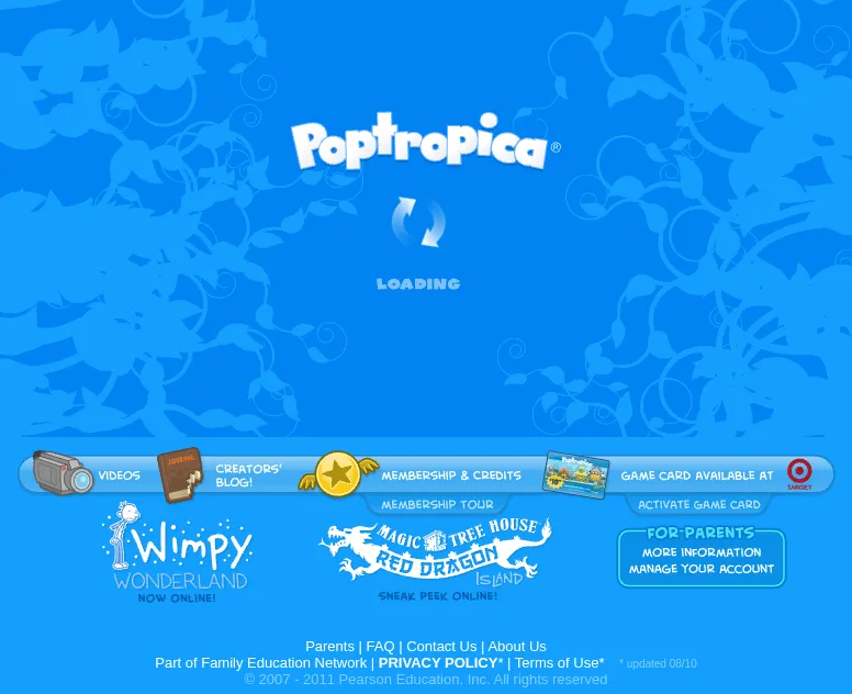 The Poptropica homepage in May 2011: the white bubble-letter Poptropica logo on a bright blue background of swirling vines, with a Loading spinner where the game should be. Below it, a row of buttons for Videos, the Creators' Blog, Membership and Credits and a game card sold at Target, then badges for Wimpy Wonderland, now online, and a Magic Tree House Red Dragon Island sneak peek, and a For Parents box. The footer reads Part of Family Education Network and 2007 to 2011 Pearson Education.