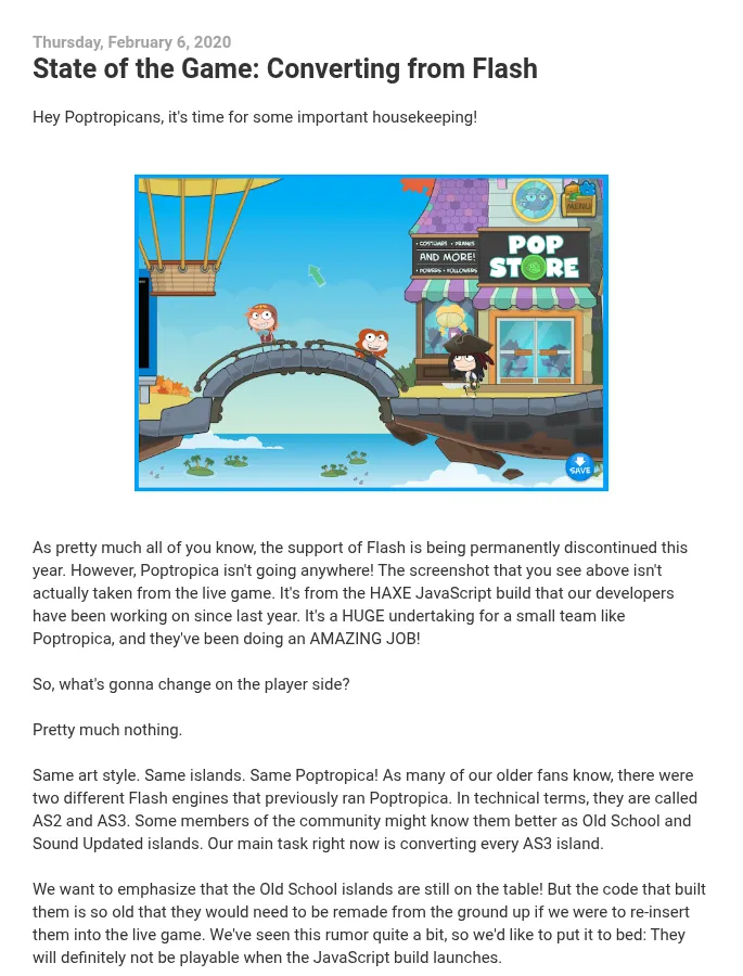 A Poptropica Creators' Blog post dated Thursday 6 February 2020, titled State of the Game: Converting from Flash. A screenshot from the new HAXE build shows two cartoon Poptropicans on a stone bridge beside the Pop Store. The text explains that Flash support is ending, that the team is converting every AS3 island, and that the Old School islands will definitely not be playable when the JavaScript build launches.