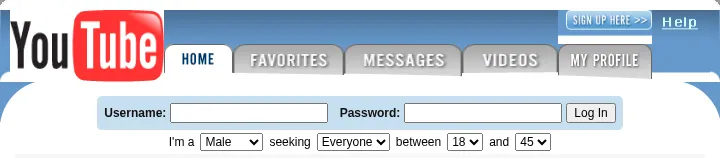 The top of the YouTube home page in April 2005: a glossy YouTube logo, tabs for Home, Favorites, Messages, Videos and My Profile, a Sign Up Here button, a username and password box, and a row of drop-down menus reading I'm a Male seeking Everyone between 18 and 45.