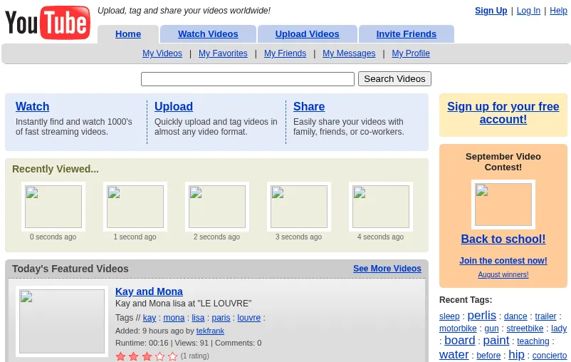 The YouTube home page in September 2005: the YouTube logo with Tube in a red box, the line Upload, tag and share your videos worldwide!, pale blue tabs for Home, Watch Videos, Upload Videos and Invite Friends, a search box, a Watch, Upload, Share panel, a Recently Viewed row of five thumbnails timed from 0 to 4 seconds ago, a September Video Contest box, and a featured video called Kay and Mona with a runtime of 16 seconds, 91 views and a one-rating row of red stars. The thumbnails haven't survived in the capture.