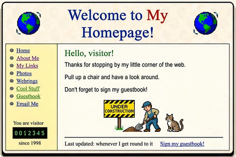 A drawing of an old personal homepage, with a visitor counter and an Under Construction sign.