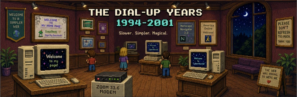 A pixel-art museum room at night: beige computers on wooden desks, a 33.6 modem on a plinth, framed home pages on the walls and visitors looking round.