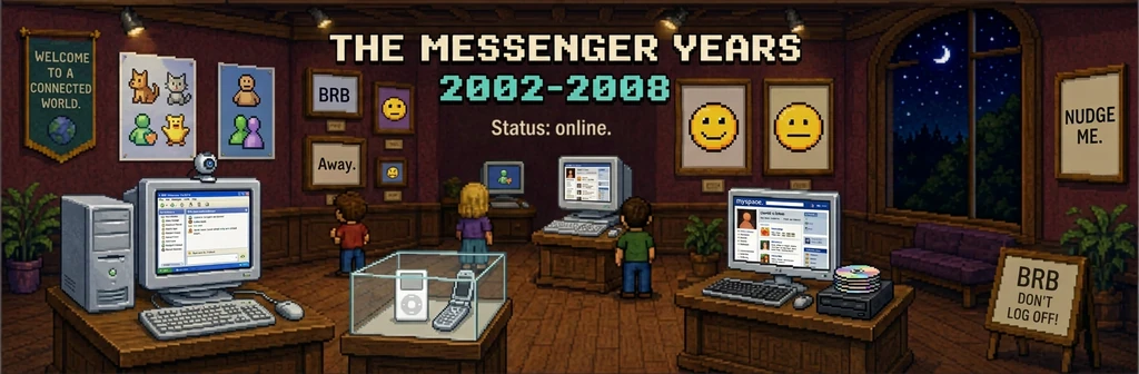 A pixel-art museum room at night: chat windows on chunky monitors, a webcam, an MP3 player and a flip phone in a glass case, and BRB and Away signs on the walls.