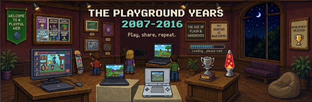 A pixel-art museum room at night: a platform game on a big monitor, laptops showing a block-building game, a dual-screen handheld, a trophy and a lava lamp.
